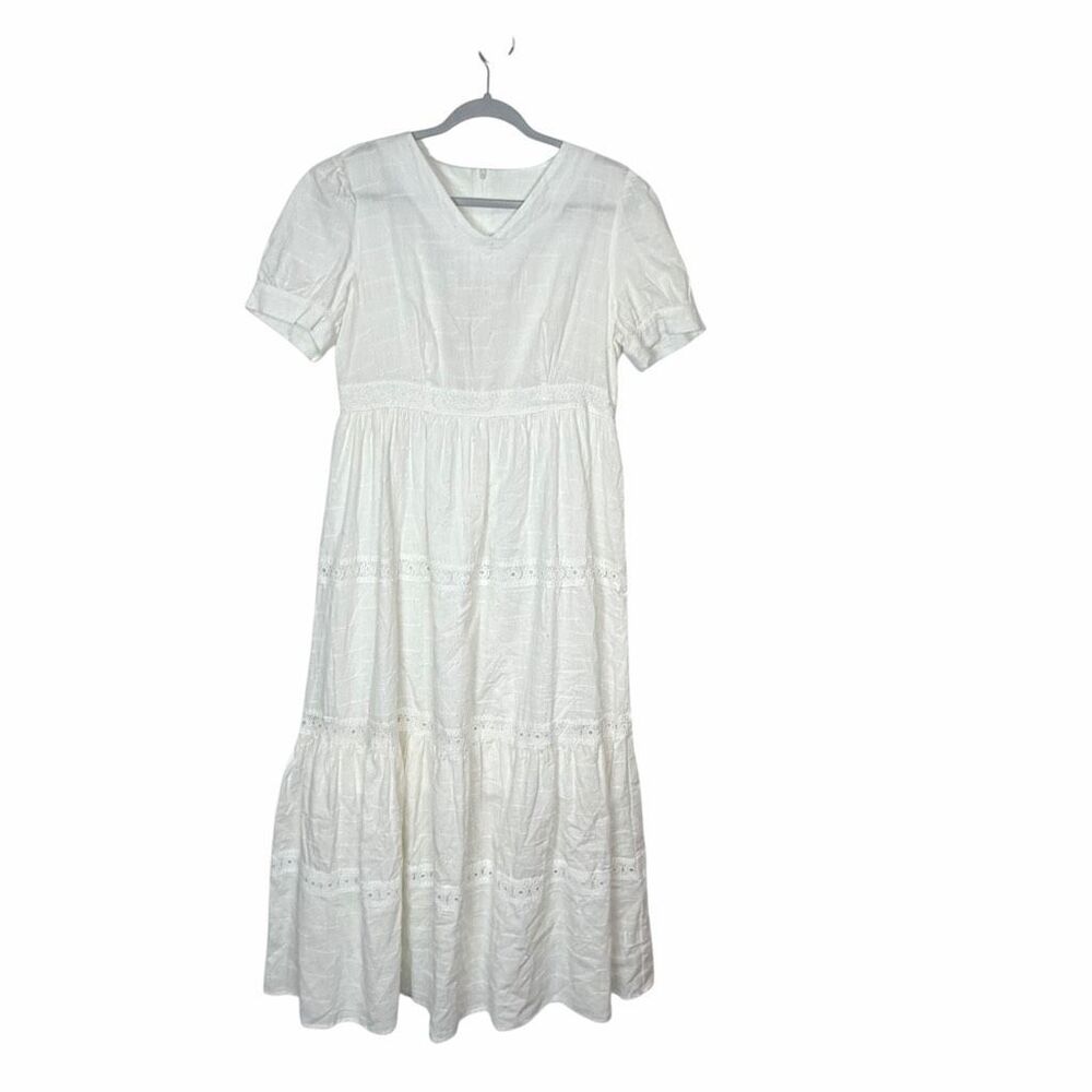 NWT Petallush Maxi Dress Lace Large White Tiered Short Sleeve V-Neck Cotton Long